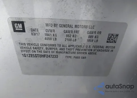 2017 Chevrolet Malibu 1Lt из США, поврежденный, VIN 1G1ZE5ST8HF247233